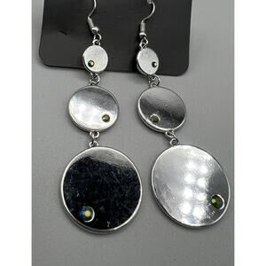 Jewelry Earrings Dangle 2.75 Silver Tone Silver Black Disks Blue Acrylic Beads